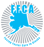FFCA logo with blue Alaska silhouette and gray sunburst, reading &ldquo;Fostering Foster Care in Alaska&rdquo;