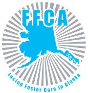 FFCA logo with blue Alaska silhouette and gray sunburst, reading &ldquo;Fostering Foster Care in Alaska&rdquo;