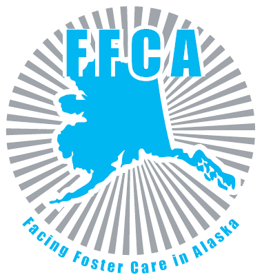 FFCA logo with blue Alaska silhouette and gray sunburst, reading “Fostering Foster Care in Alaska”