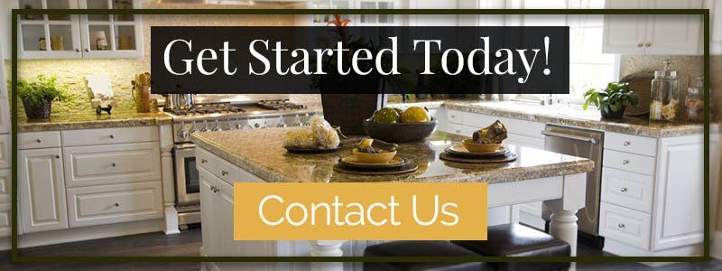 A kitchen with a sign that says `` get started today ! contact us ''