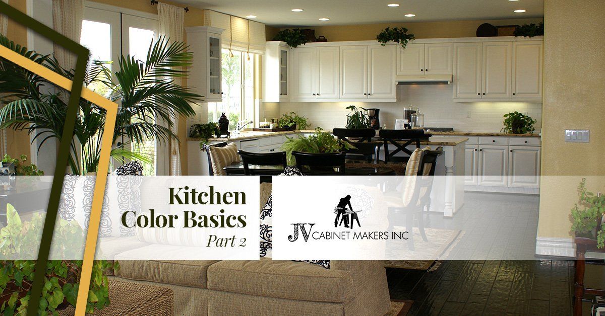 A kitchen with white cabinets and a sign that says kitchen color basics