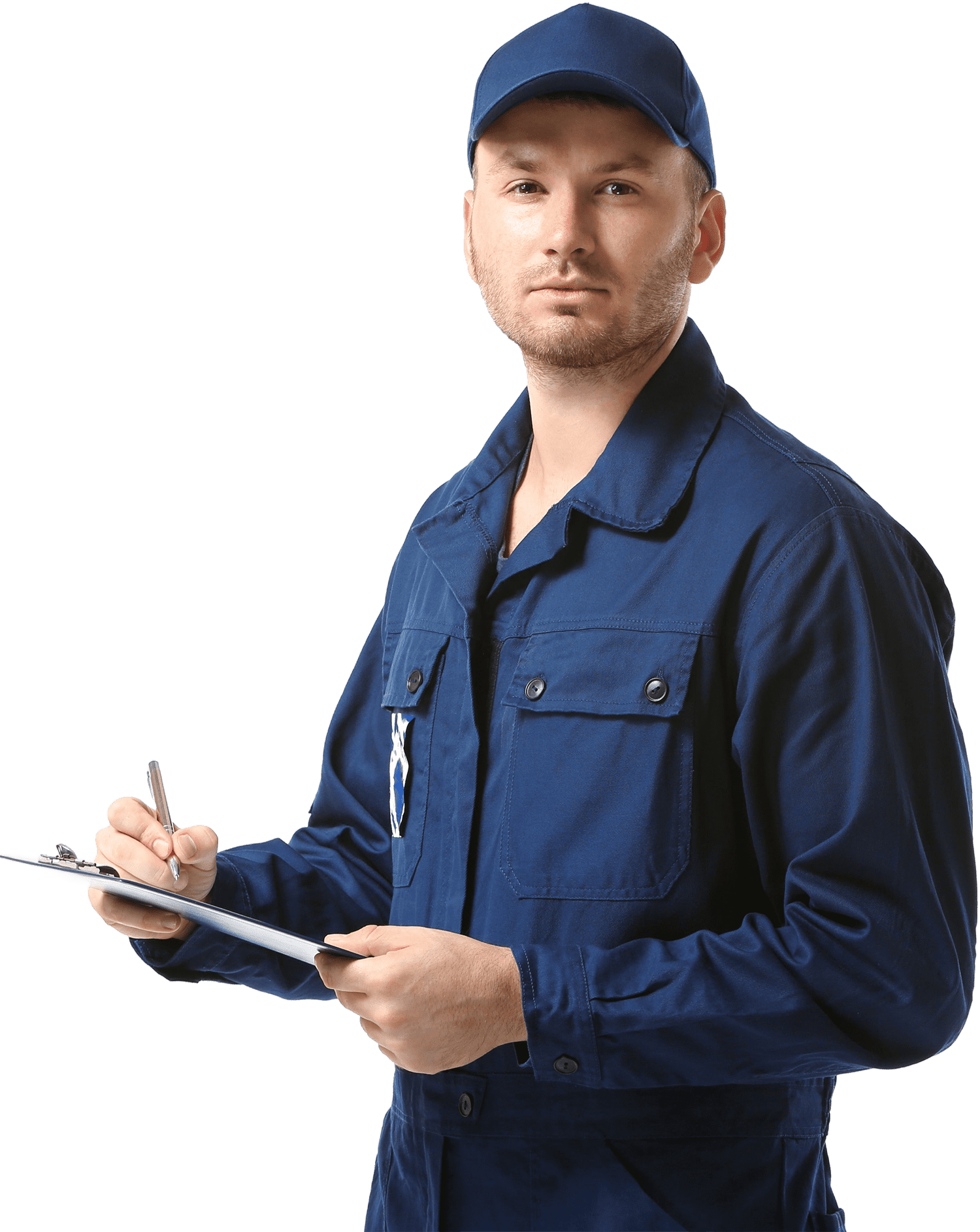 Mechanic holding a tire and wrench, smiling. Wearing blue coveralls and white gloves.
