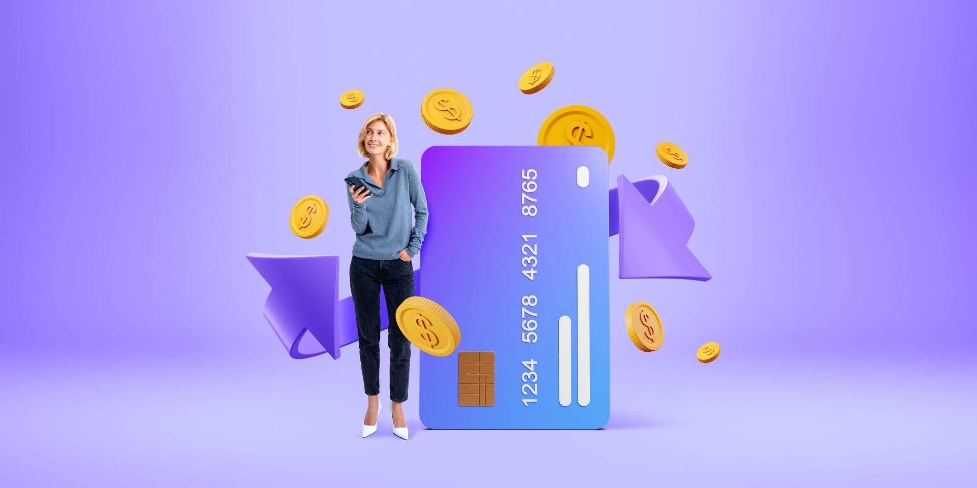 A woman is standing next to a credit card and coins.