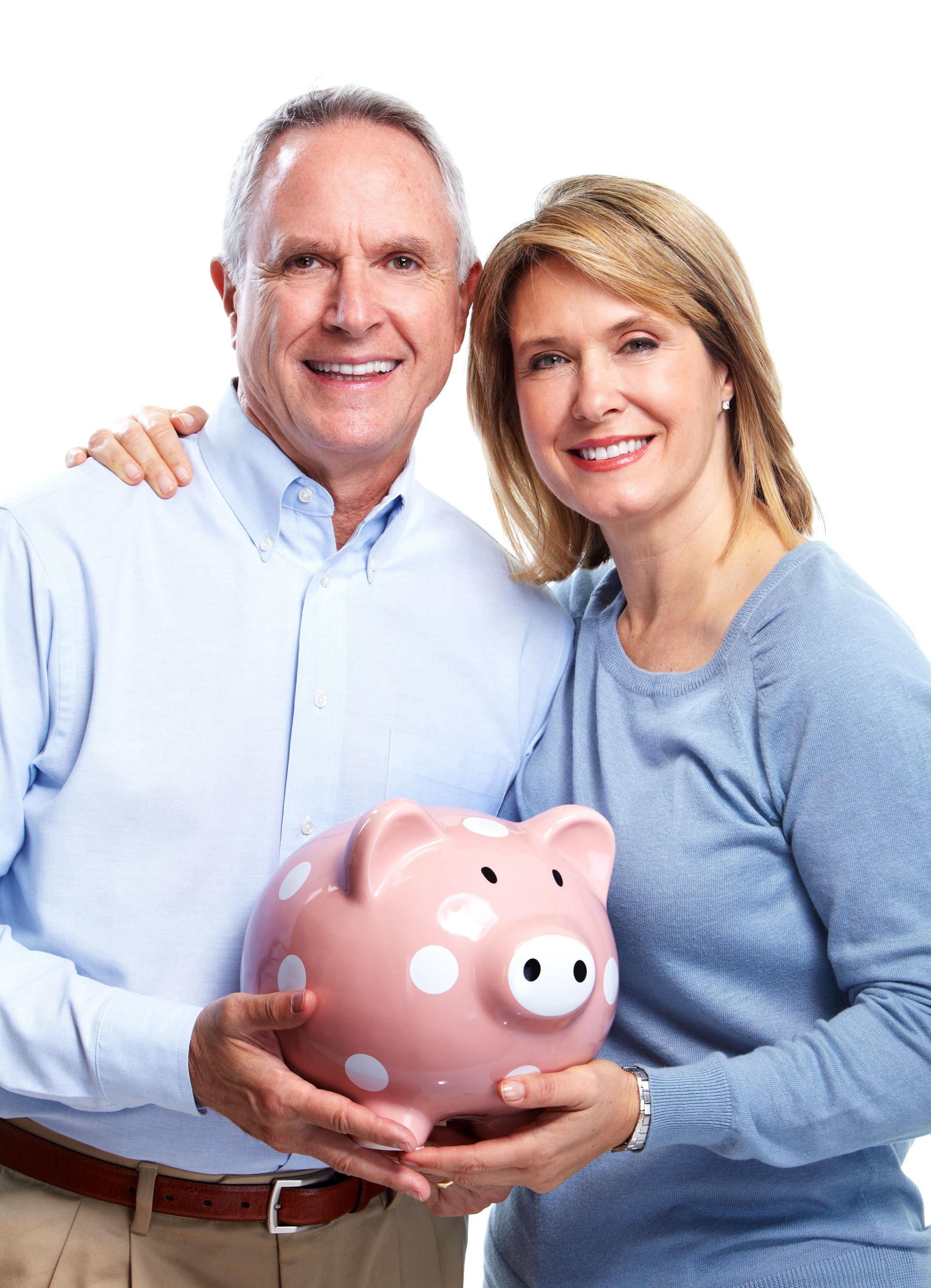 A man and a woman are holding a pink piggy bank