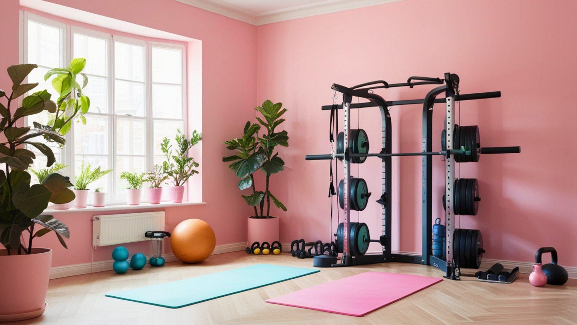 Bright home gym with pink walls, fitness equipment including dumbbells, kettlebells, and a squat rack, surrounded by potted plants.