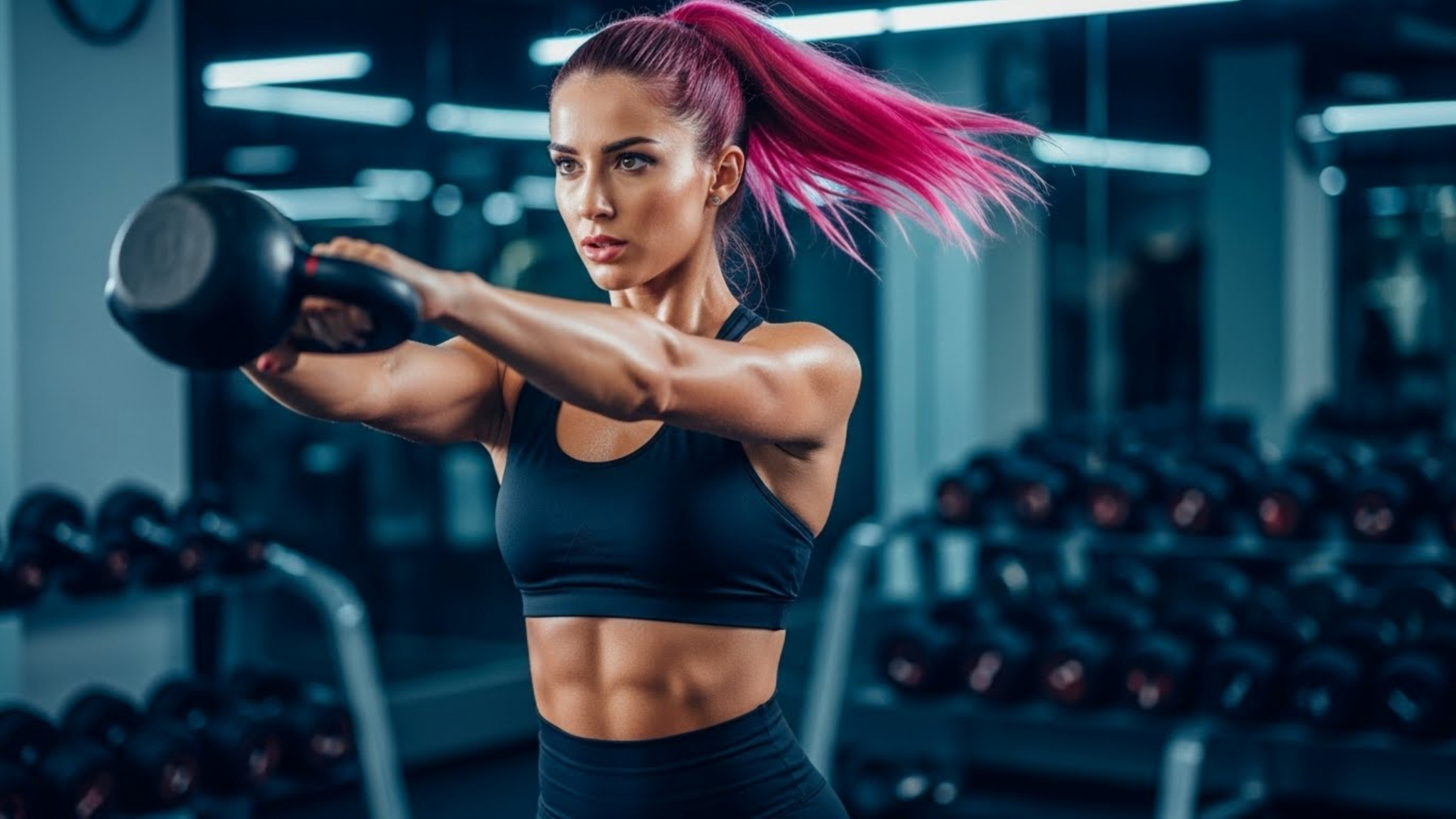 Female athlete performing a kettlebell exercise in a modern gym with dumbbells in the background.