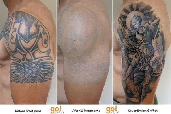 A before and after picture of a tattoo on a man 's arm