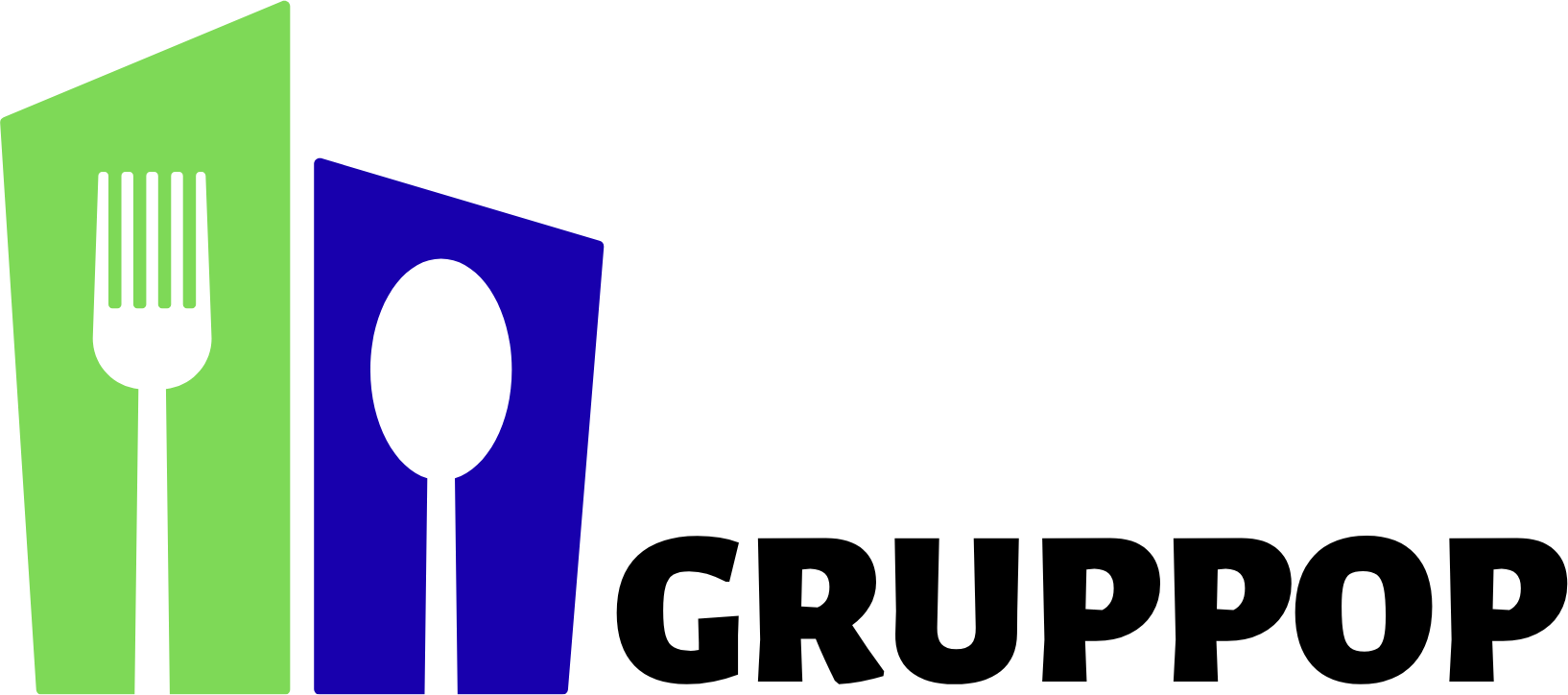 Un logo con una forchetta verde chiaro e un cucchiaio blu scuro su sfondi stilizzati, seguito dalla scritta nera 