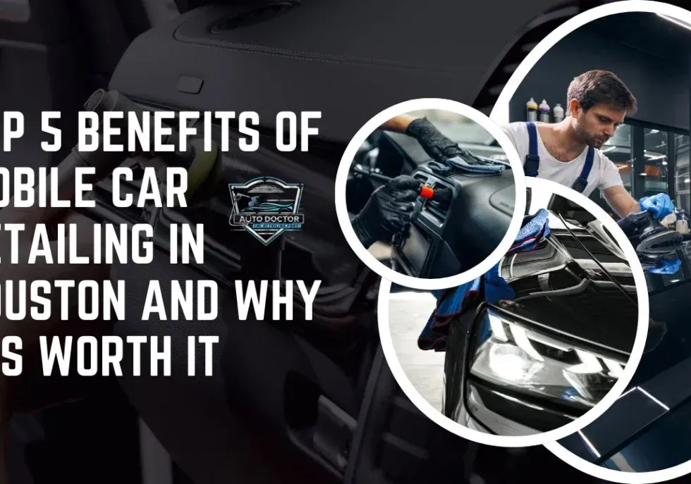 A mobile car detailing service banner, with detailers cleaning a car and its interior. Text reads 