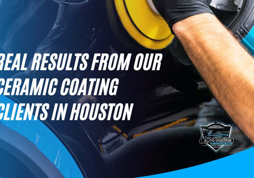 A person applying ceramic coating to a car in Houston. The text says 