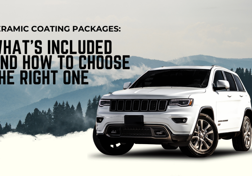 White SUV in front of a mountain range with text about ceramic coating packages.