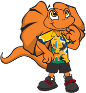 Orange cartoon lizard writing on paper; wearing shirt, shorts, and shoes.