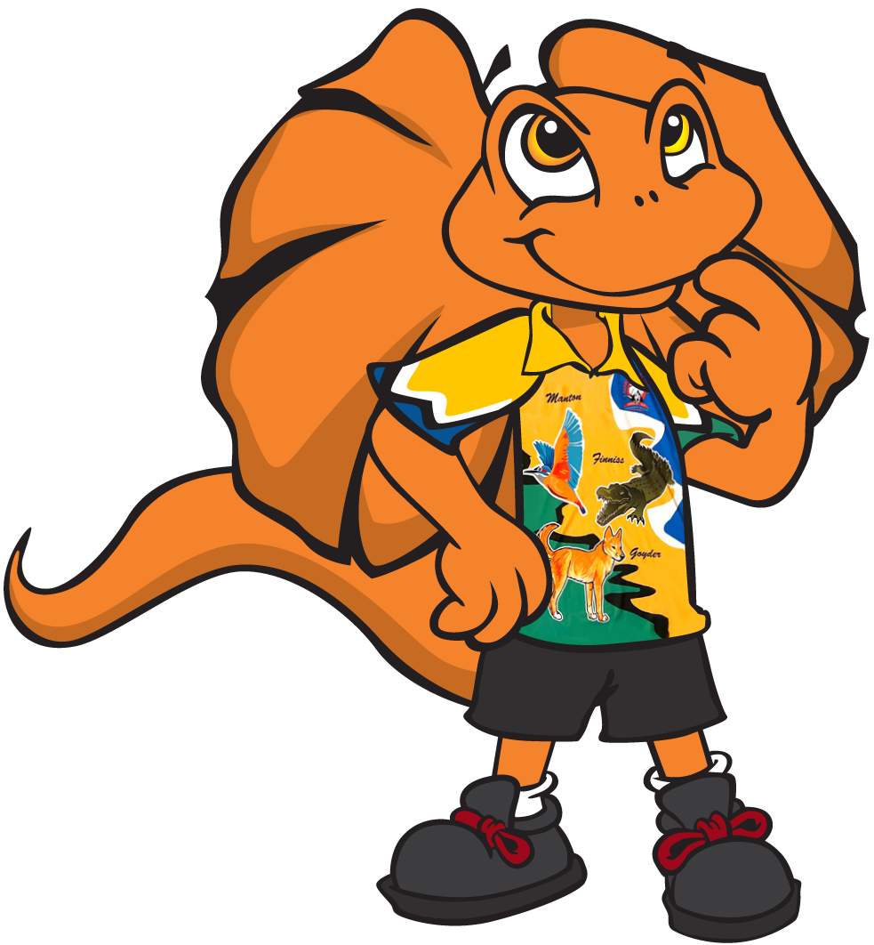 Orange cartoon lizard writing on paper; wearing shirt, shorts, and shoes.