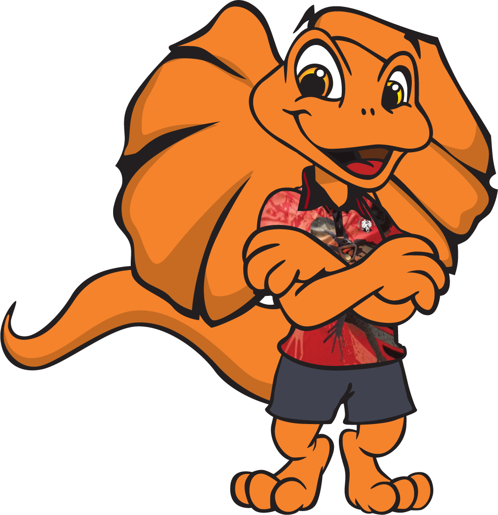 Cartoon frill-necked lizard mascot wearing shirt and shorts with arms crossed, smiling.