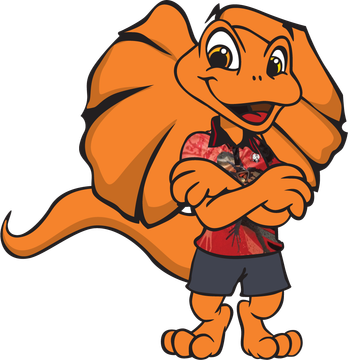 Cartoon orange frilled-neck lizard in a shirt and shorts with arms crossed, smiling.