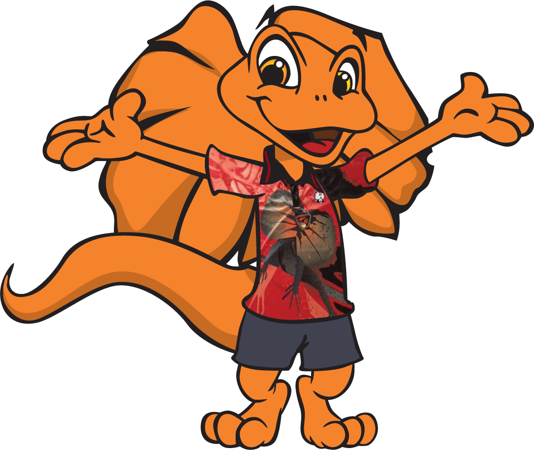 Orange cartoon lizard writing on paper; wearing shirt, shorts, and shoes.