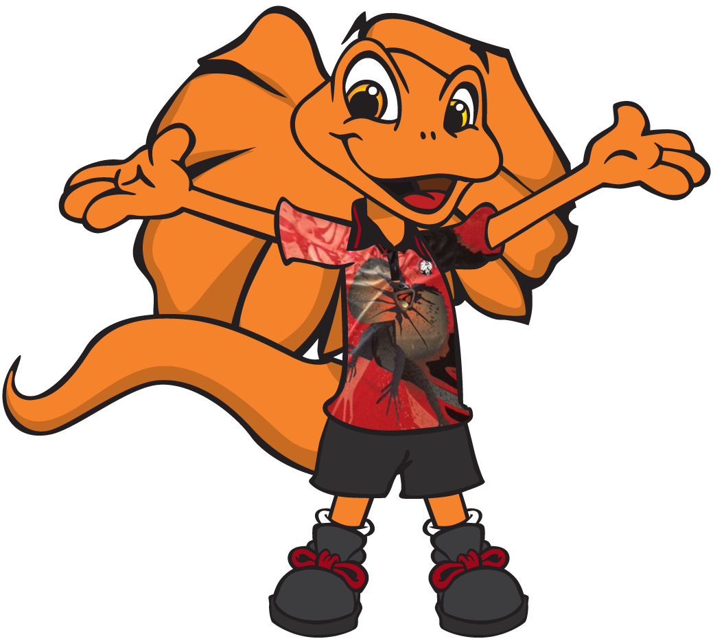 Orange frilled-neck lizard mascot with arms open, wearing a red shirt, black shorts, and boots, smiling.