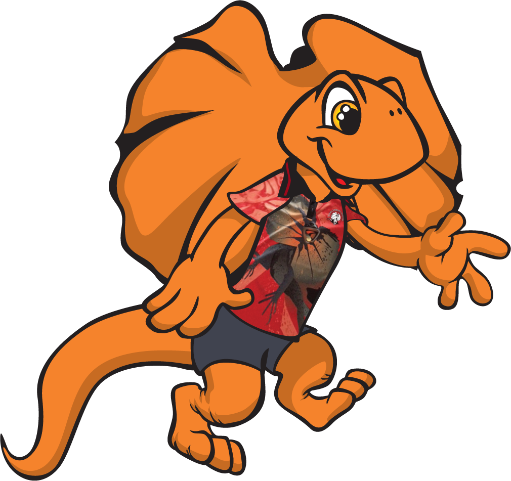 Orange Frilled-neck lizard mascot in athletic shorts and Hawaiian shirt, smiling and running.