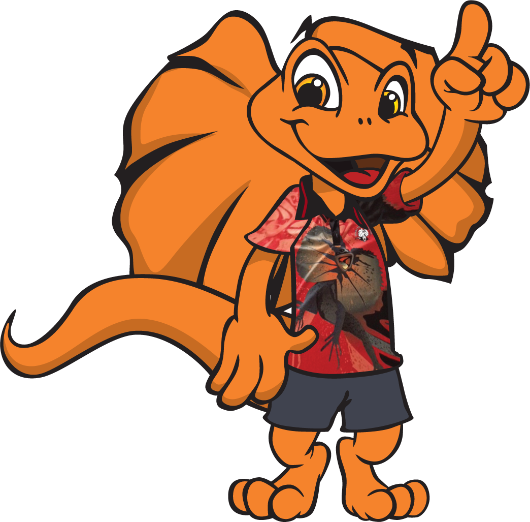 Orange frilled-neck lizard cartoon with raised finger, wearing red shirt, and black shorts.
