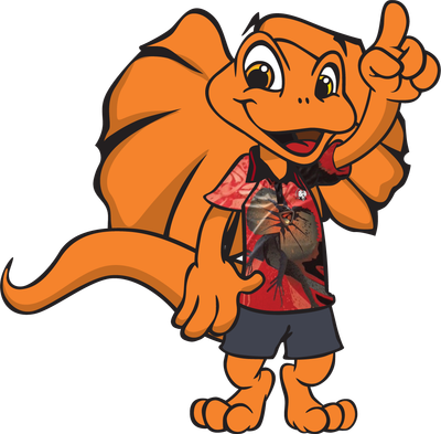 Orange frilled-neck lizard mascot wearing a red shirt and shorts, pointing up.