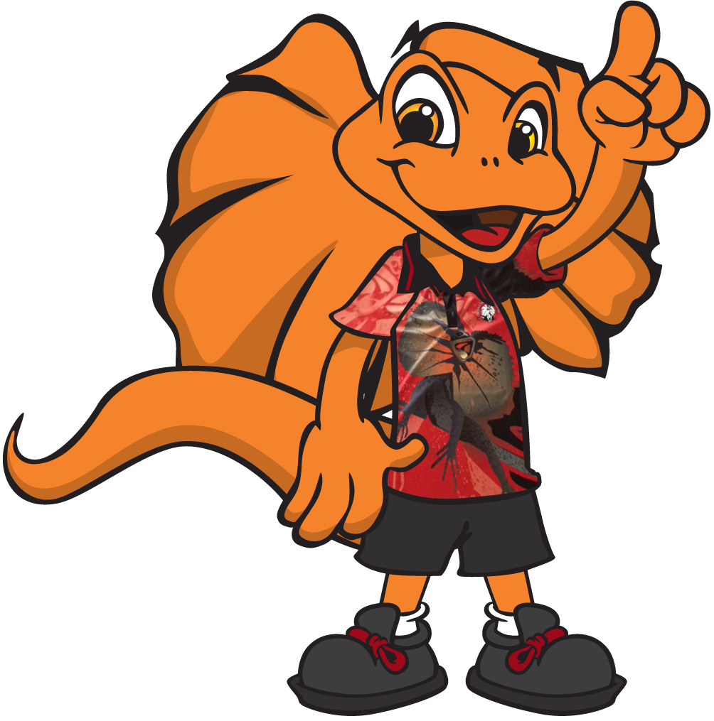 Orange frilled-neck lizard mascot with red shirt, black shorts, pointing up.