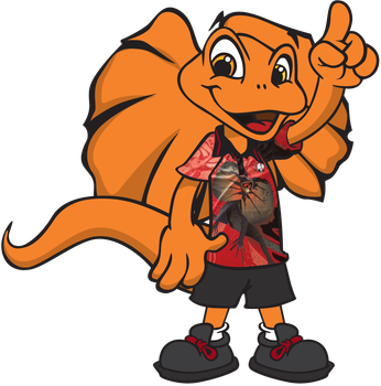 Orange Frilled-neck lizard mascot with a red shirt and pointing finger.