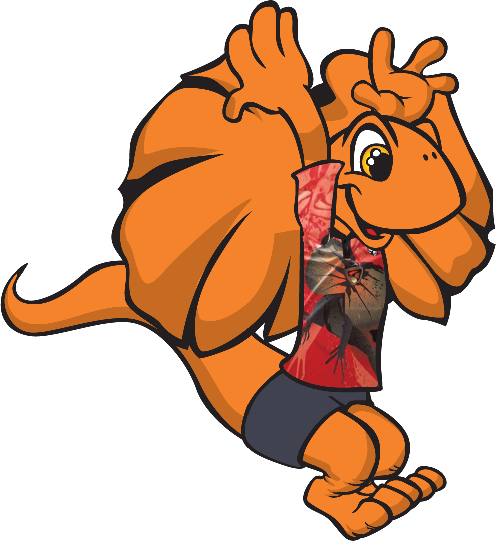 Orange frilled-neck lizard mascot wearing a t-shirt and shorts, jumping and smiling with arms up.