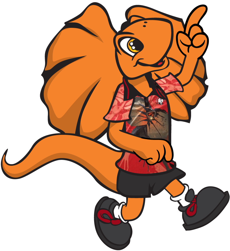 Orange lizard mascot with a red shirt, shorts, and shoes points up with a smile.