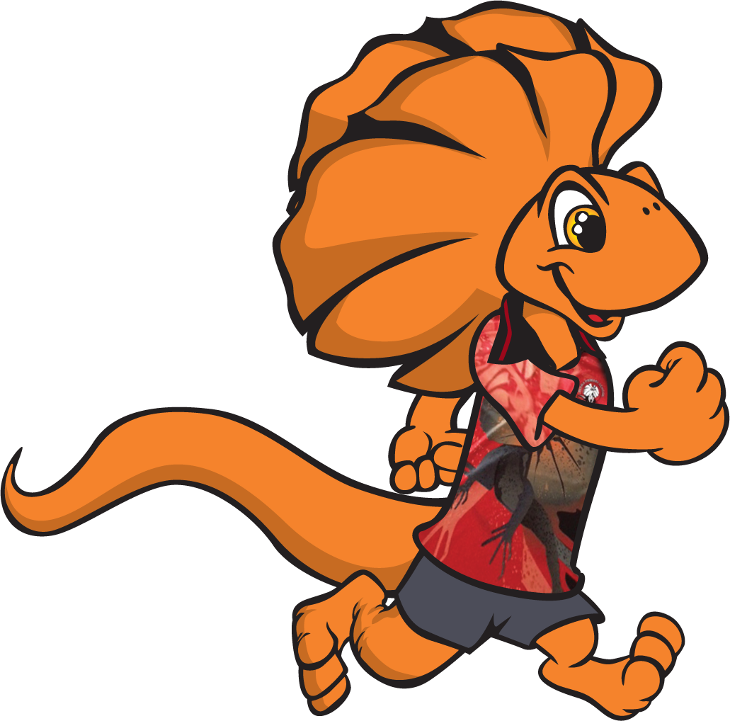 Orange frill-necked lizard mascot running, wearing a red shirt and shorts.