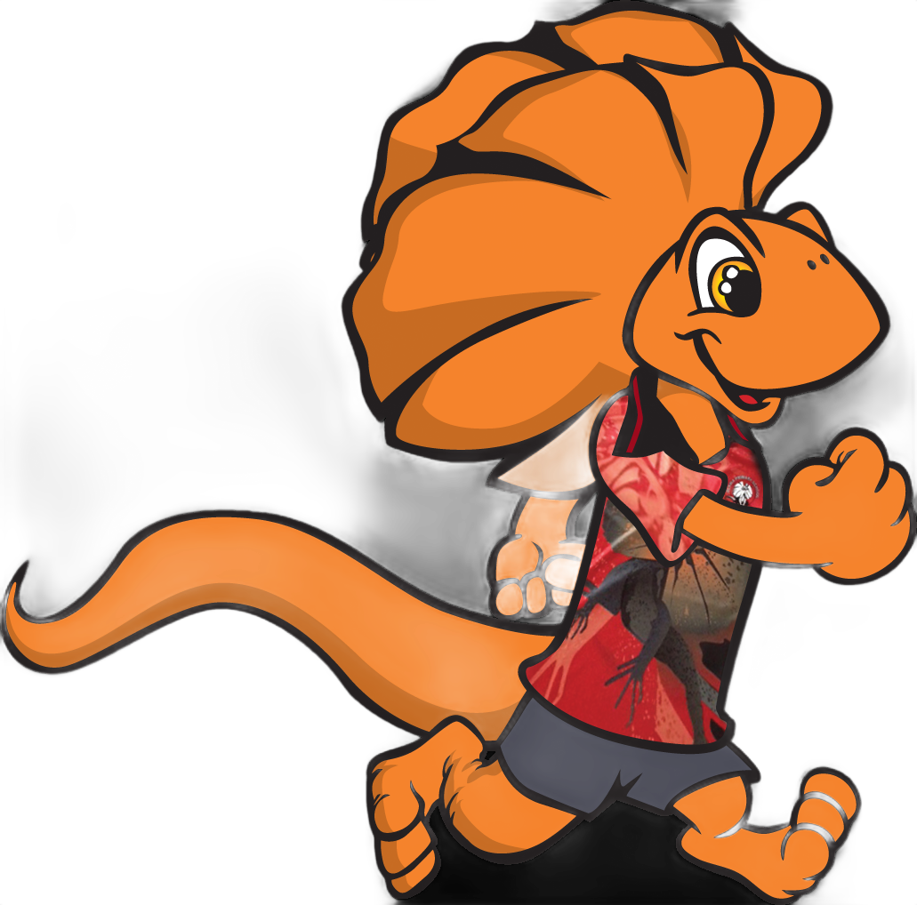 Orange frilled-neck lizard running, wearing a red Hawaiian shirt and shorts.