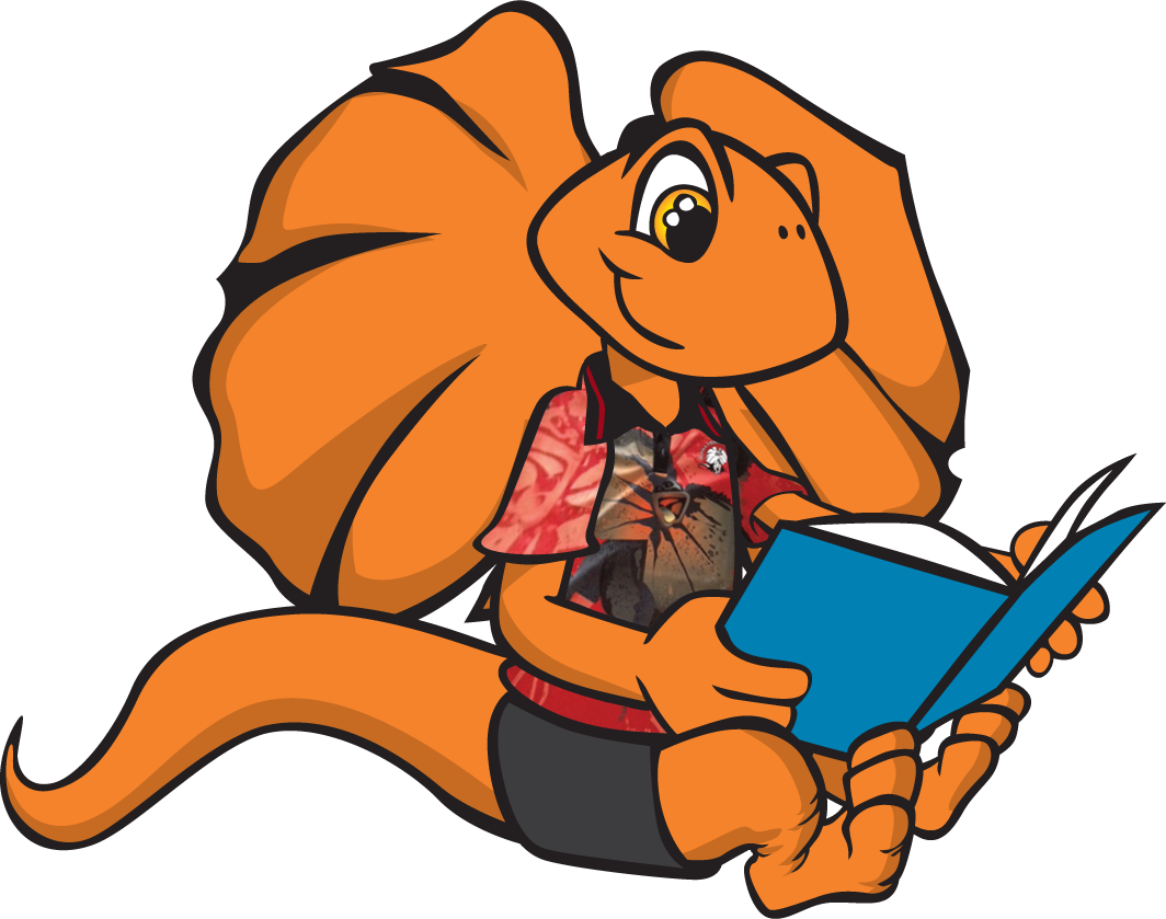 Orange frilled-neck lizard wearing shirt, reading a book. Smiling.