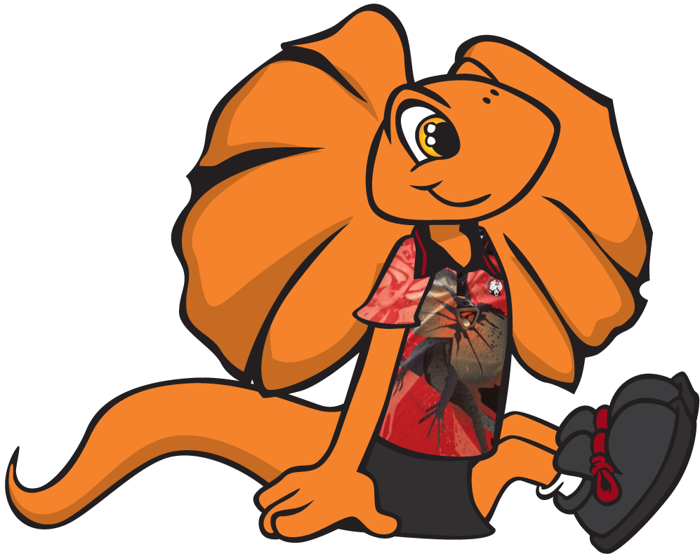 Cartoon frilled-neck lizard, orange and smiling, wearing a shirt, black shorts, and a shoe.