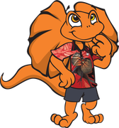 Orange cartoon lizard writing on paper; wearing shirt, shorts, and shoes.