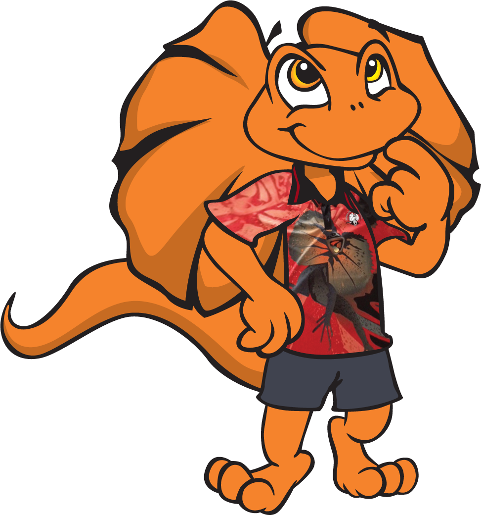 Cartoon frilled-neck lizard in red shirt and shorts, looking up with a thoughtful expression.