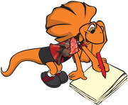 Orange cartoon lizard writing on paper; wearing shirt, shorts, and shoes.