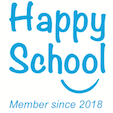 Happy School logo in light blue with a smiling underline; 