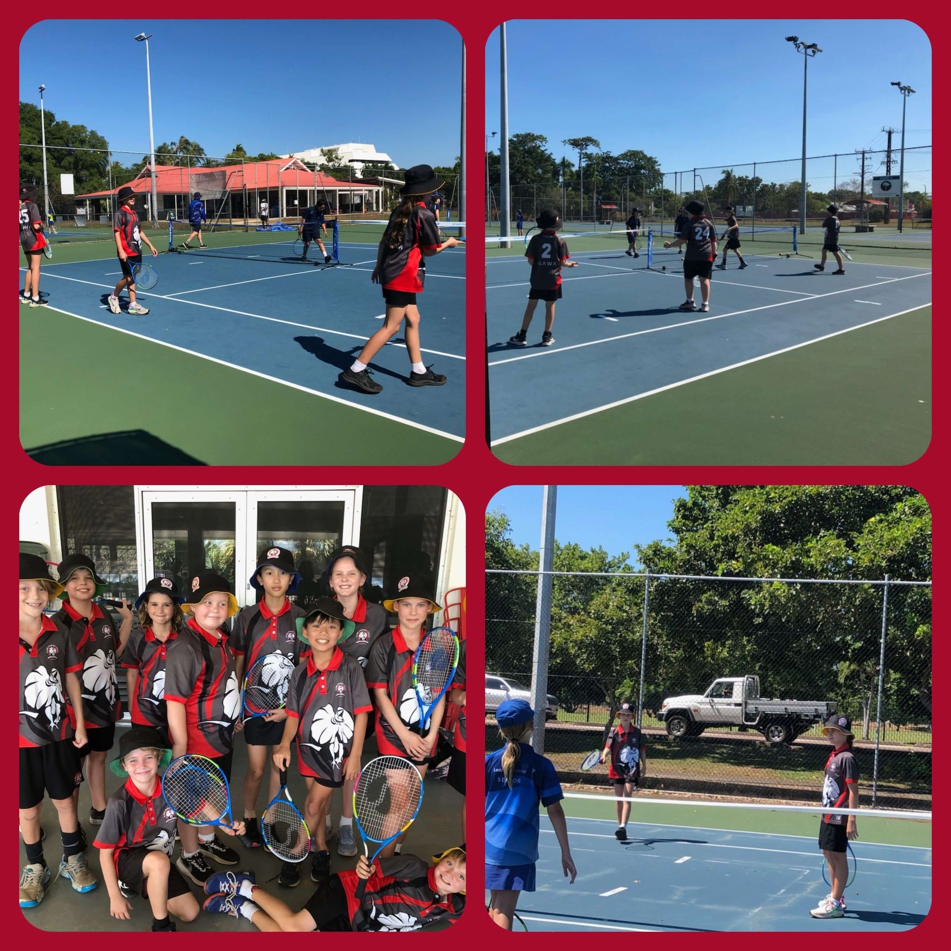 Four images of people playing sports on courts. One group photo in matching uniforms. Outdoors, sunny.