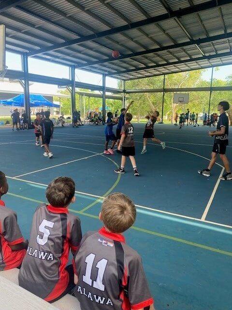 Four images of people playing sports on courts. One group photo in matching uniforms. Outdoors, sunny.