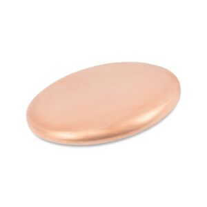 Oval, rose gold-colored metal soap, smooth surface, slightly rounded.