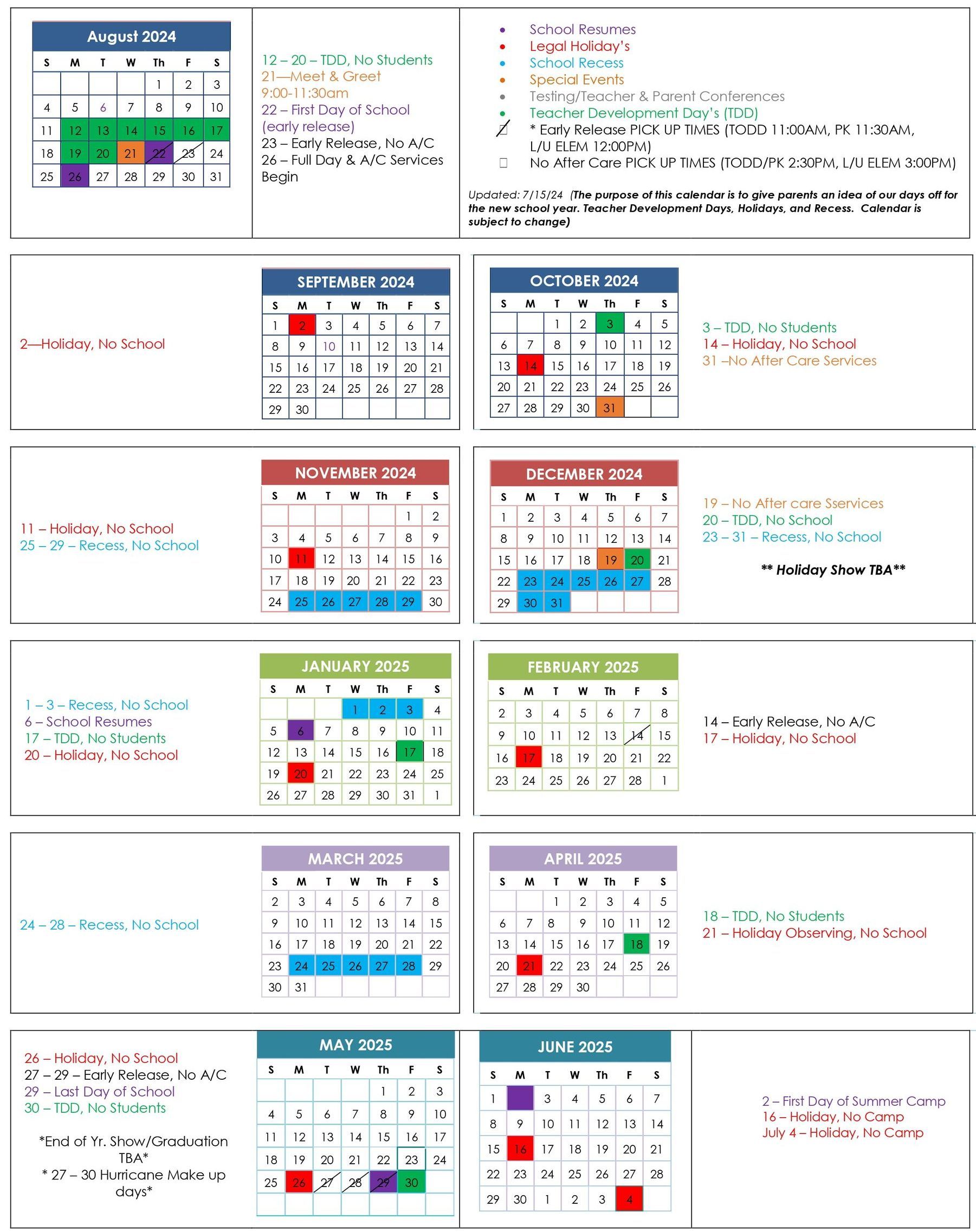 Academic Calendar 2024 - 2025