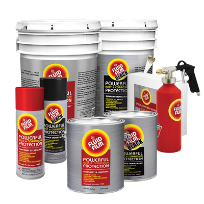Assorted Fluid Film rust and corrosion protection products, including cans, buckets, and sprayers.