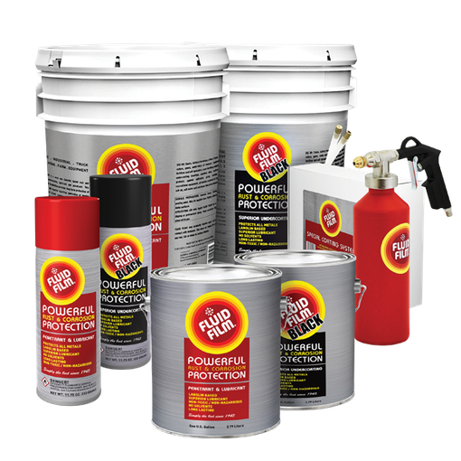 Assorted Fluid Film rust and corrosion protection products, including cans, buckets, and sprayers.