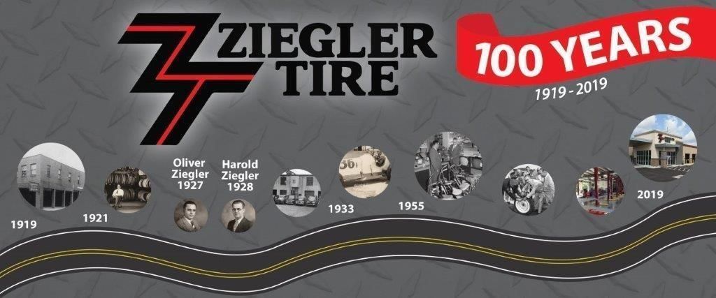 Ziegler Tire celebrating 100 years: timeline from 1919-2019 with logo, road and historic photos.