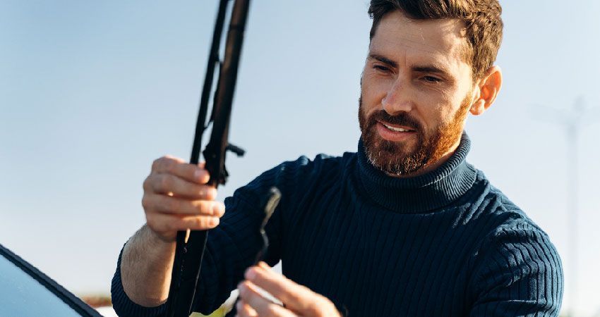 Man replacing a wiper blade on a car, wearing a blue turtleneck, outdoors.