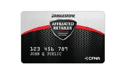 Bridgestone Affiliated Retailer credit card with red and black accents, and the name 