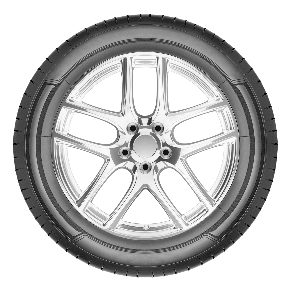 Car wheel with silver rim and black tire.