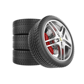 Four car tires, one with a silver rim and red brake caliper.