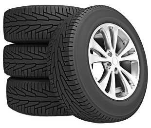Four black car tires stacked, one mounted on a silver rim.