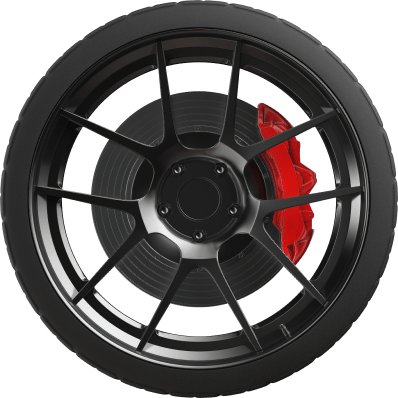 Black car wheel with a red brake caliper.