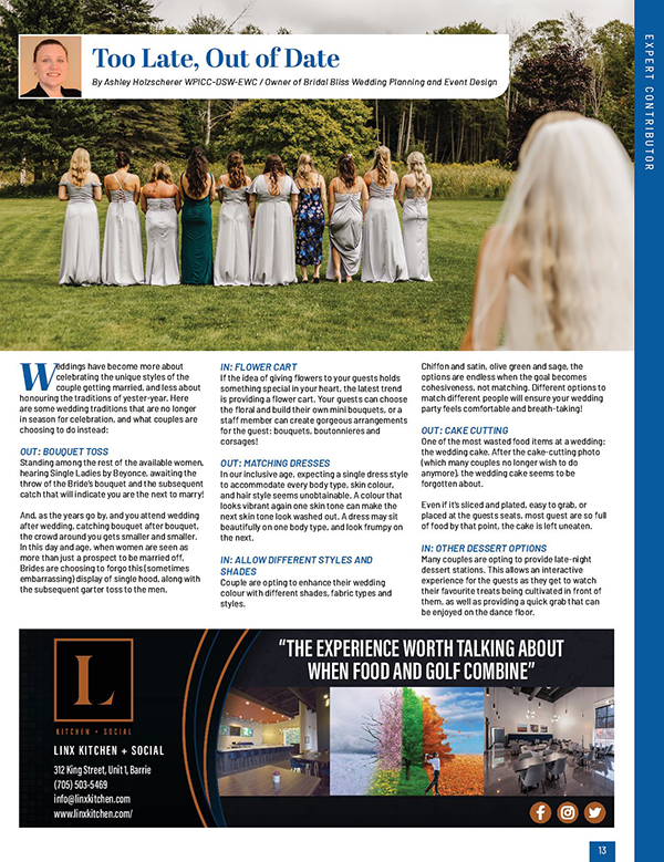A magazine layout with a group of bridesmaids and text.